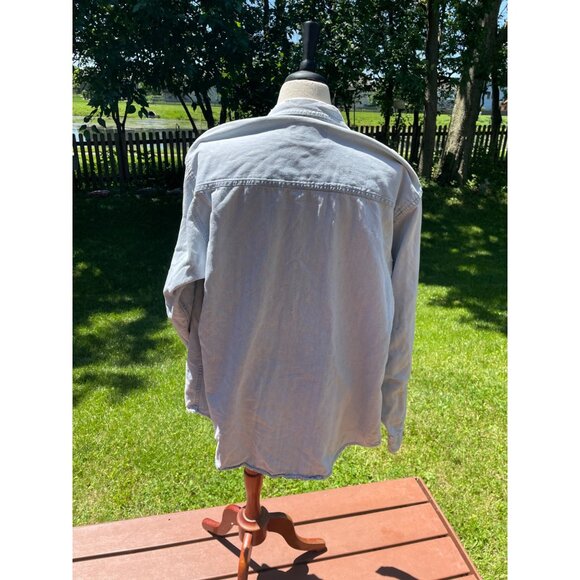 Harley-Davidson Blue Denim Button-Up Shirt L With Logo Pocket Trashed Frayed - Picture 7 of 10